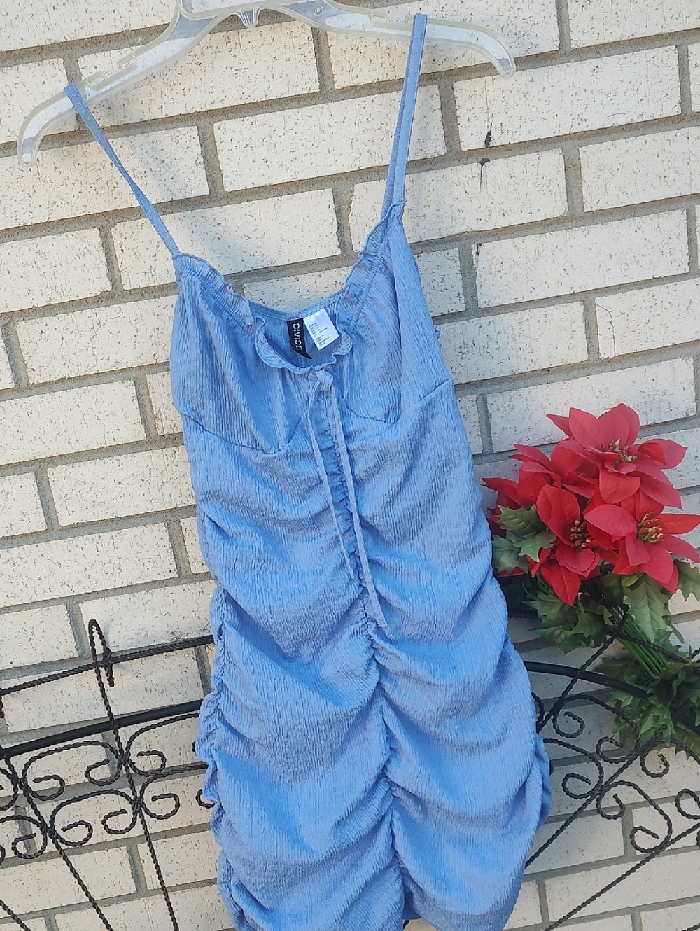 Light Blue Ruched Spaghetti Strap Dress - Picture 2 of 8